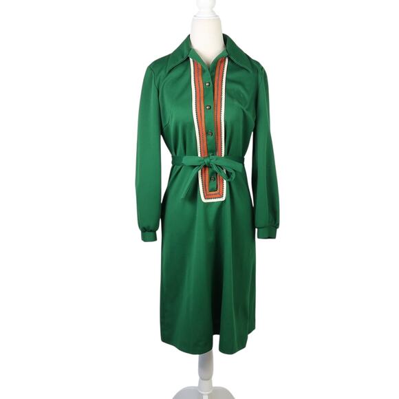 Vintage Dresses & Skirts - Vintage 70s Dark Green Shirt Dress Striped Trim Knee Length M
